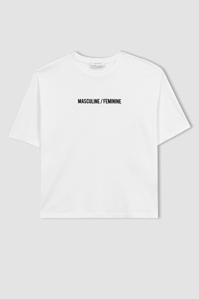 DeFacto Sorbet X Kurzarm-T-Shirt mit Rundhalsausschnitt und Slogan-Aufdruck