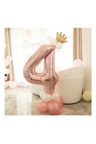LOTUS PARTY 4 Yaş Rose Gold Rakam Balon Altın Kral Taçlı Balon Seti