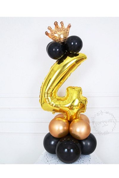 LOTUS PARTY 4 Year Old Gold Number Balloon Gold King Crowned Balloon Set