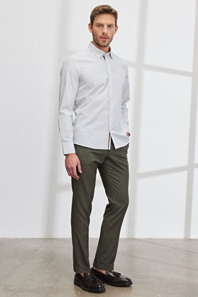 ALTINYILDIZ CLASSICS Men's White-khaki Slim Fit Slim Fit Hidden Button Collar Printed Shirt