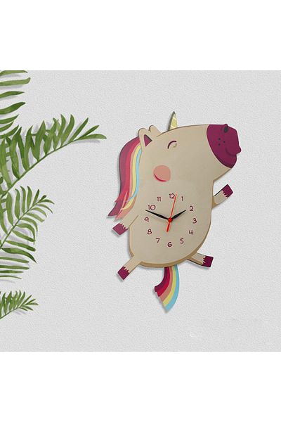CajuArt Wooden Swinging Pendulum Unicorn Kids Room Wall Clock