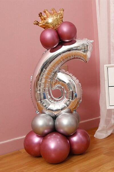 LOTUS PARTY 6 Year Old Silver Number Balloon Gold King Crowned Balloon Set