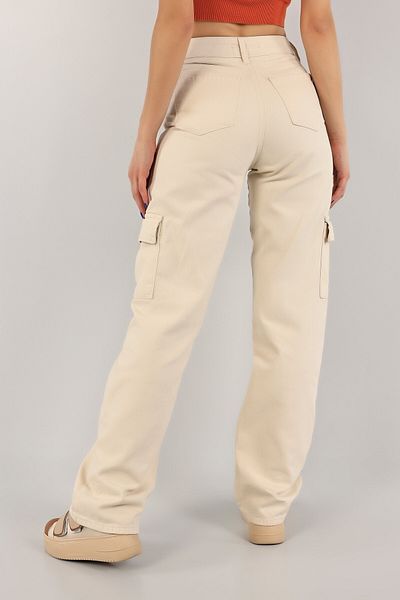 LAMİRAMOOD Pantaloni din denim Palazzo cu picior lat bej cu buzunar cargo cu talie înaltă