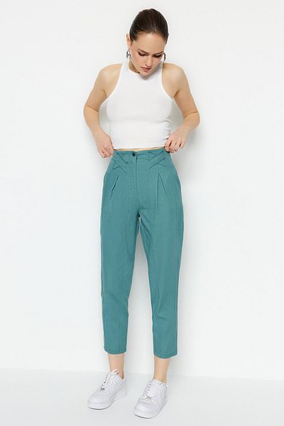 Trendyol Collection Petrol Cotton Carrot Pattern Stripe Detailed Woven Trousers TWOAW22PL0342