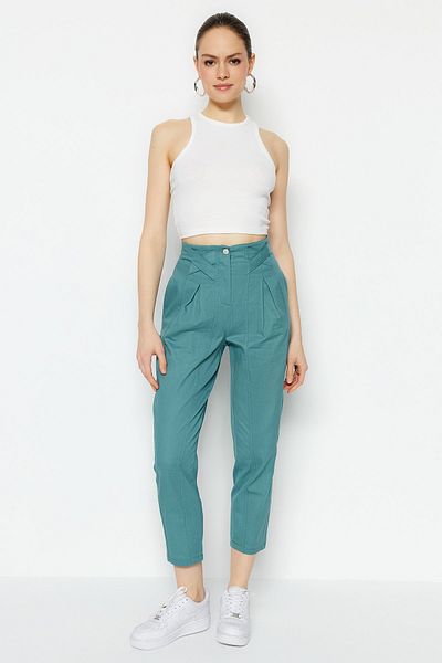 Trendyol Collection Petrol Cotton Carrot Pattern Stripe Detailed Woven Trousers TWOAW22PL0342