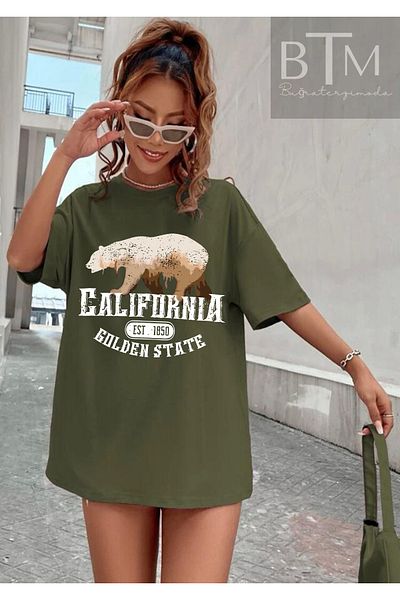Buğraterzimoda California Golden State Printed Vintage Khaki Oversize Women's T-shirt