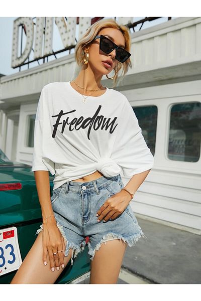 DEEPSENCE Γυναικείο Oversize Λευκό T-shirt Freedom με στάμπα μπροστά