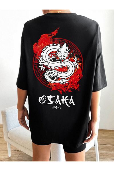 DEEPSENCE Tricou negru oversize de damă cu imprimeu Osaka