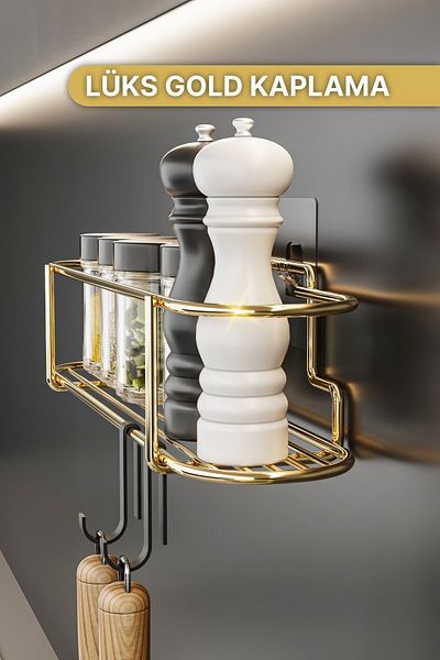 Bino Spice Rack Luxury Metal Gold Kitchen Shelf Bathroom Shelf with Adhesive Hooks Stylish Design Salt Shaker Hanger