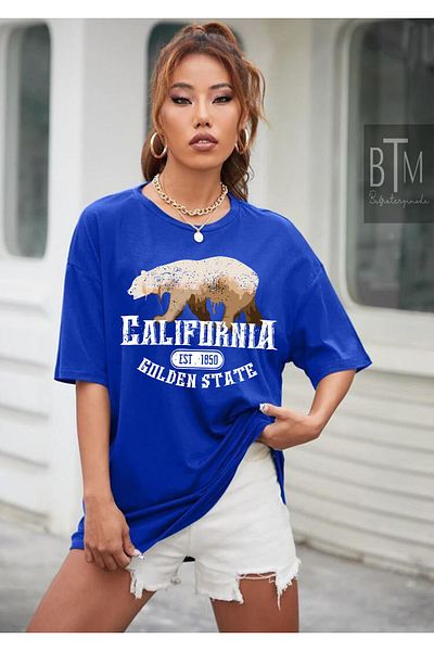 Buğraterzimoda California Golden State Printed Vintage Saks Blue Oversize Women's T-shirt