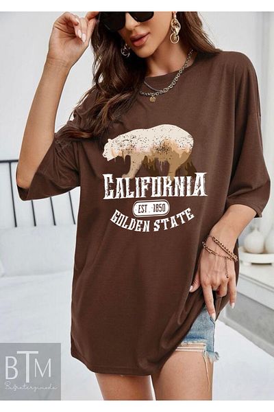 Buğraterzimoda Γυναικείο μπλουζάκι California Goldan State με στάμπα Vintage καφέ Oversize