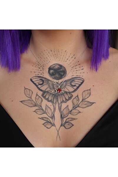 Moko Art Design İki Yanı Ay Şeklinde Garnet Taşlı 925 Gümüş Kolye