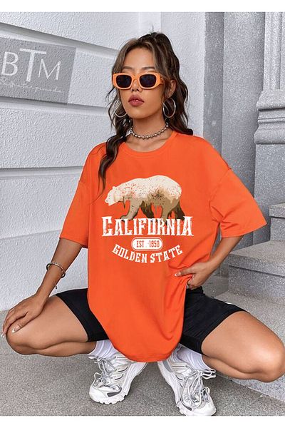 Buğraterzimoda California Golden State Printed Vintage Orange Oversize Women's T-shirt