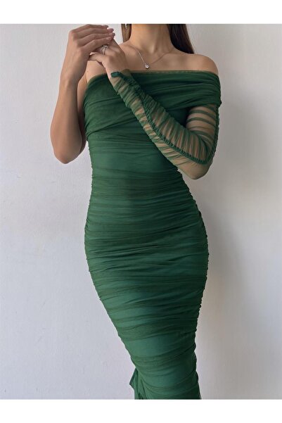 NARKO Laurest Yeşil Tek Kol Tül Kumaş Astarlı Arkadan Yırtmaçlı Şık Gece Elbisesi