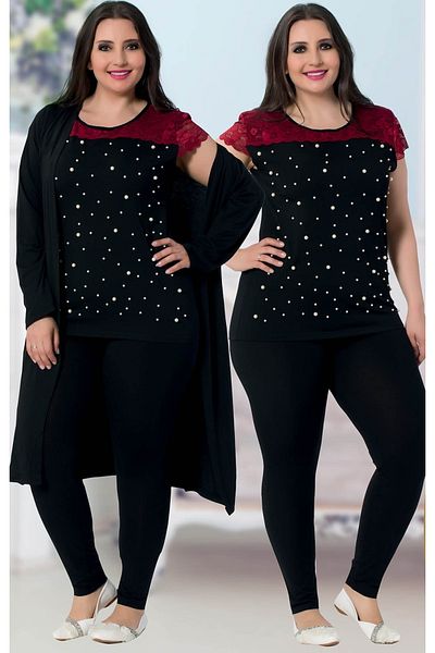 JENİKA Women's Large Size 3-Piece Pajamas Set with Dressing Gowns