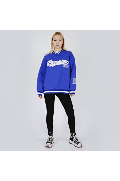 Shivi Fashion Kadın Oversize Içi Polarlı Baskılı V Yaka Sweatshirt