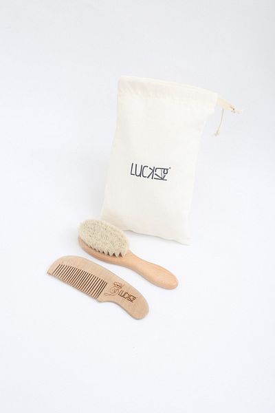 LUCKKA 100% Natural Goat Hair Baby Hair Brush and Natural Wooden Comb Set of 2