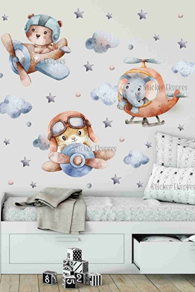 Sticker Ekspres Üç Kafadar Pilot Arkadaş Çocuk Odası Duvar Kapı Cam Sticker Seti