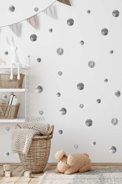 Sticker Ekspres 5 Ve 3 Cm Gri Suluboya Puantiye Çocuk Odası Duvar Kapı Cam St...