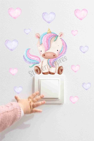 Sticker Ekspres Sevimli Unicorn Ve Kalpler U1 Priz Üstü Sticker