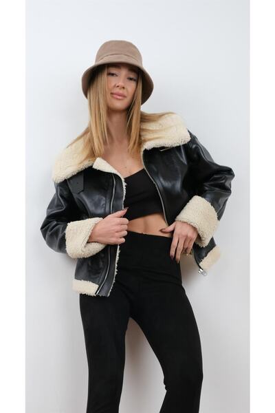 Miapiashop Suni Kürk Detaylı Deri Ceket