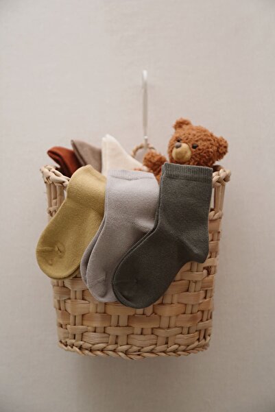 Tarkito Organic 3'lü Soket Bebek Ve Çocuk Çorapları (HAKİ-GRİ-HARDAL) Dikişsiz Burunlu