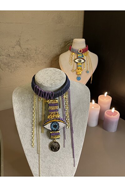 Leyla Tasarım Atölyesi El Yapımı Özel Tasarım Seramik Boyama Göz Figürlü Kolye