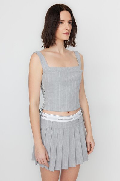 Trendyol Collection X Sagaza Studio Gray Striped Tie Detailed Blouse TCLSS23BZ00003