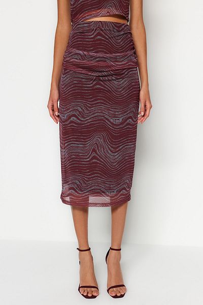 Trendyol Collection Fustă tricotată midi, căptușită cu talie înaltă, din tul cu imprimeu burgundă TWOSS23ET00148