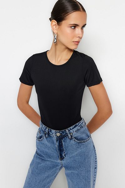 Trendyol Collection Negru Gâtul turnat Mânecă scurtă Spate Decoltat joasă Închidere flexibilă cu capsă Corp tricotat TWOSS23BD00079
