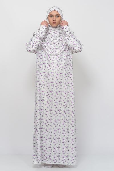 Altobeh Πρακτικό μονοκόμματο φλοράλ μοτίβο με μανίκια Lycra Hijab Prayer φόρεμα με αφαιρούμενο μαντίλι 990-0203
