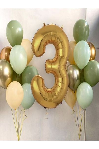 DÜVENCİ TİCARET 1-9 Years Gold Balloon and 16 Balloons (4mold+4mintgreen+4salmon+2gold+2silver) 16in1
