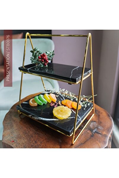 MÜKEMEL Şık İki Katlı Siyah Mermer ve Altın Metal Teşhir Standı –Modern Dekor...