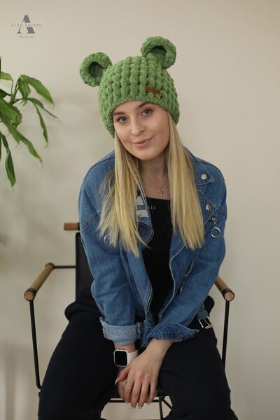 AidaAstrid Ayı Şapka Puffy Bere Yeşil Ayıcık Kulaklı Bere Şapka Kışlık Şapka Hayvan Figürlü Bere
