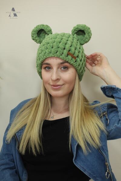 AidaAstrid Ayı Şapka Puffy Bere Yeşil Ayıcık Kulaklı Bere Şapka Kışlık Şapka Hayvan Figürlü Bere