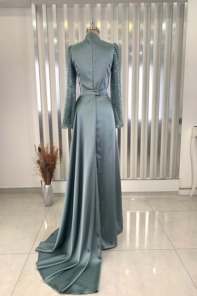 Rana Zenn Mint Lavin Evening Dress - With Train, Draped and Beaded Detail