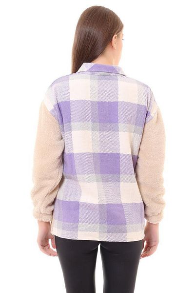fehika Women's Lilac Plaid Checked Plush Shirt Jacket