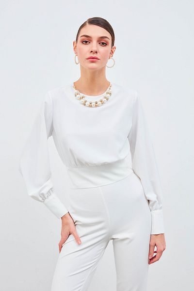 Sateen Bluză Crop Detaliată Colier - Ecru