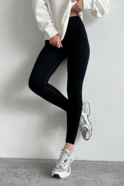 Liora Kadın Siyah Dikişsiz Fitilli Şardonsuz Tayt