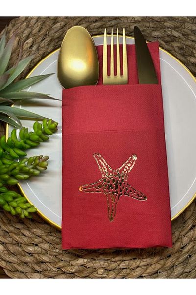 kidspartim Gold Gilded Red Single Starfish Pocket Napkin 12 Pcs 40x40