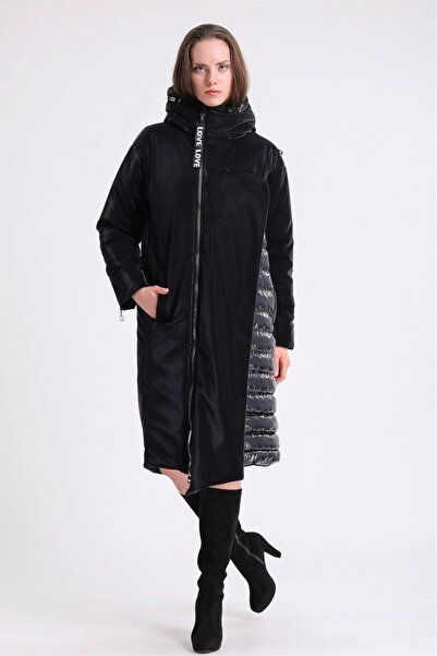 Leather Club Siyah Glam Kaz Tüyü Şişme Puffer Kaban