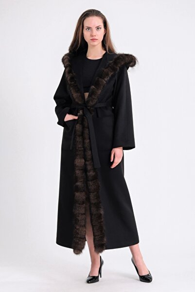 Leather Club Naturel Sable Aksesuarlı Siyah Kaşmir Kaban