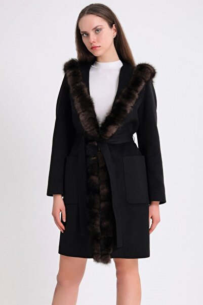 Leather Club Naturel Sable Aksesuarlı Siyah Kaşmir Kaban