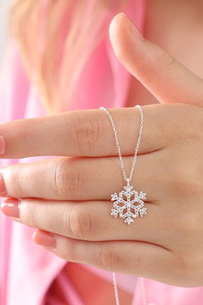 KAR DİAMOND 925 Ayar Gümüş Zincirli Beyaz Zirkon Taşlı Kar Tanesi Kolye