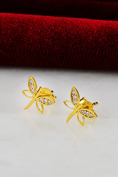 Bilsen Store 925 Ayar Gümüş Altın Kaplama Beyaz Taşlı Yusufçuk Modeli Küpe