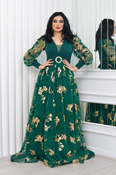 Matik Abiyem Üstü Scuba Krep Altı Tül Üzeri Flok Varak Baskılı Kemerli Dekolteli Tasarım Abiye