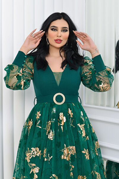 Matik Abiyem Üstü Scuba Krep Altı Tül Üzeri Flok Varak Baskılı Kemerli Dekolteli Tasarım Abiye