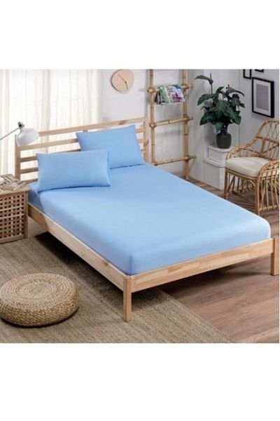 mer-tim ezberbozan ev tekstili Mer-tim Cotton Ranforce Double Jumbo Size 200x200 Elastic Sheet Set - Light Blue
