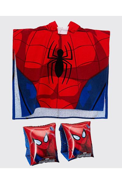 Disney Spiderman معطف منشفة الشاطئ بغطاء للرأس سبايدرمان 100% قطن (72×120 سم) + طقم أكمام للسباحة