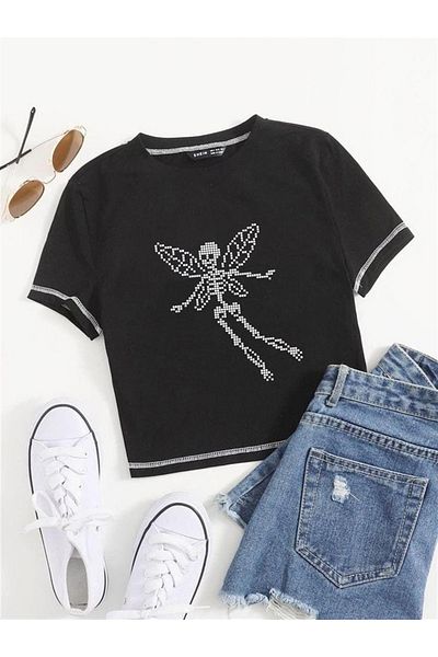 Touz Pixelated Winged Skeleton Printed Backstitch Black Crop